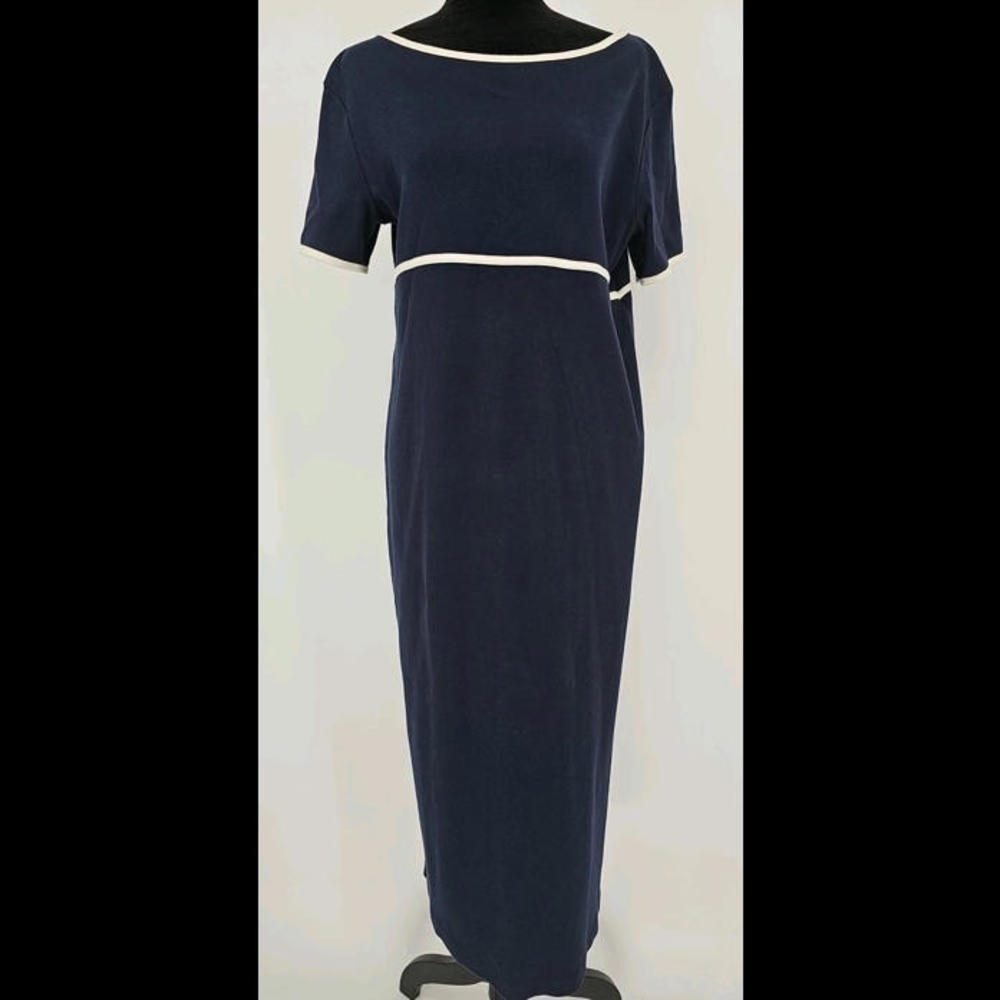 LAUREN RALPH LAUREN Midi Dress Navy White Trim Round Neck Cotton Short Sleeve PL